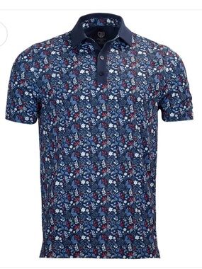 Graham Luxe Blue Summer Flower All Over Print Performance Golf Polo L